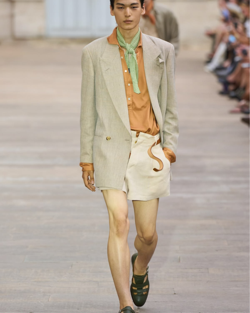 SOSHIOTSUKI SS27 Close-up of contemporary menswear tailoring showing textured fabrics, softened construction, and refined craftsmanship