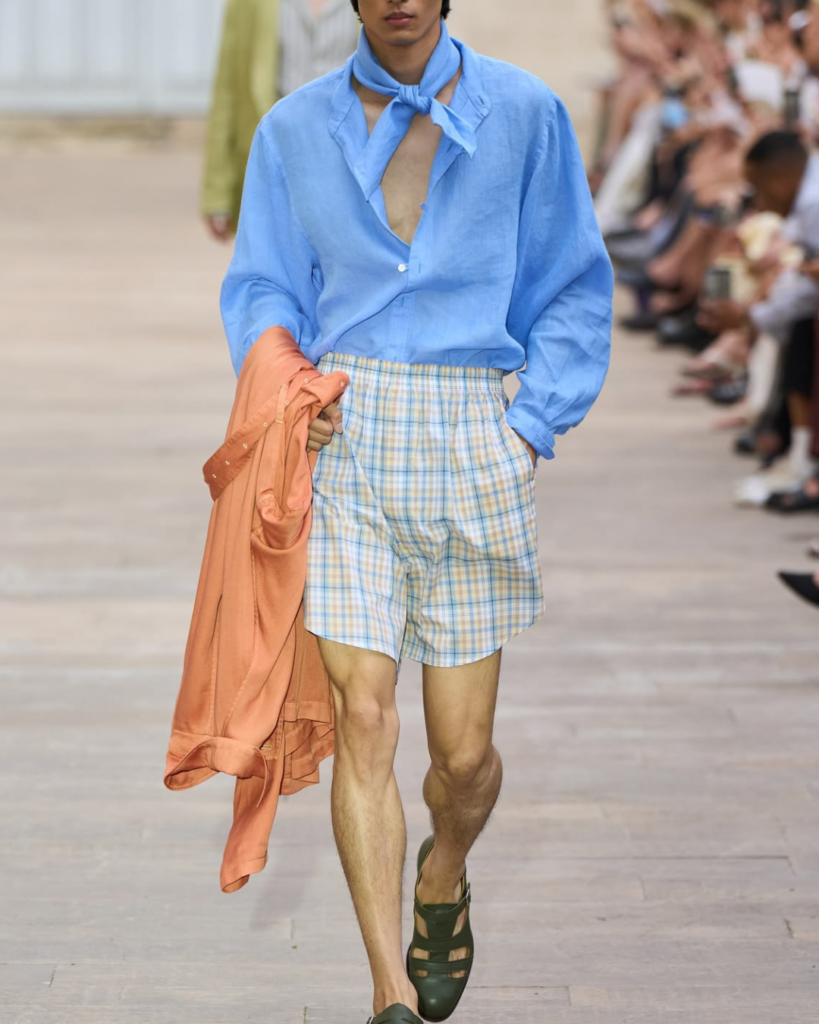 SOSHIOTSUKI SS27 Close-up of contemporary menswear tailoring showing textured fabrics, softened construction, and refined craftsmanship GINGHAM SHORTS