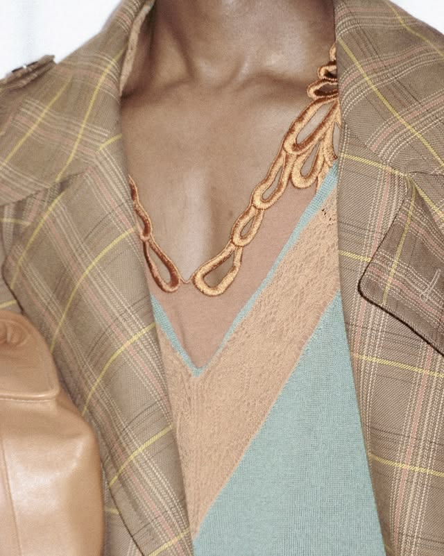 Dries Van Noten Spring Summer 2027 organza embroidered neck details with gingham blazer